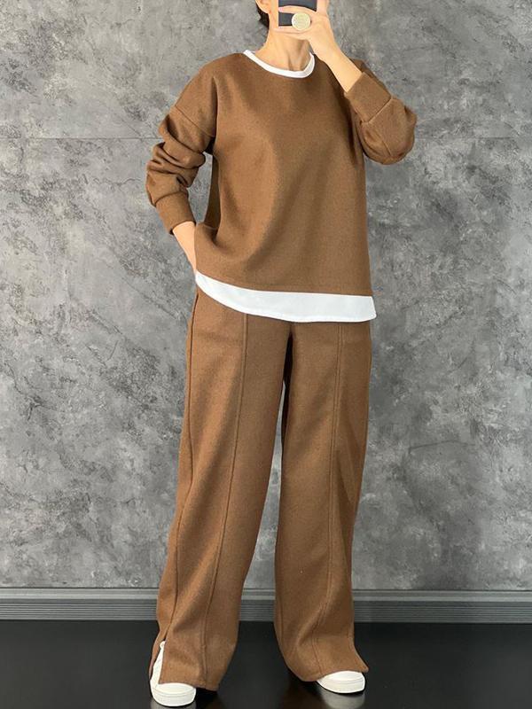 033262f1707f3f09b7bc82b65ceba9160b62ecaaa2709f35cb08ae9e0e9759b3 Women's Casual Round Neck Fake Two-Piece Contrast Color Suit