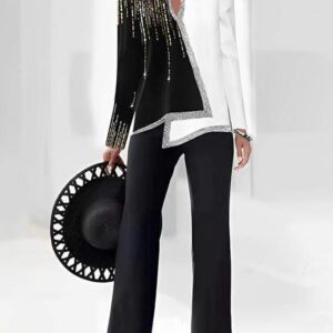 3D digital print women's V-neck asymmetrical fashion casual shirt pantsuit