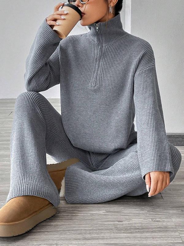 086db1bd78b36af8148aeb28152a470072ba3febe972357b562f614113960f0c Knitted Sweater With Zipper And Knitted Pants Set With Dropped Shoulders