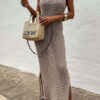 Solid Color Knitted Cutout Slit Slim Fit Maxi Dress