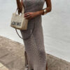 Solid Color Knitted Cutout Slit Slim Fit Maxi Dress