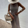 Solid Color Knitted Cutout Slit Slim Fit Maxi Dress