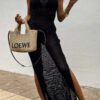 Solid Color Knitted Cutout Slit Slim Fit Maxi Dress