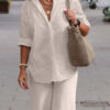 2597114125e0afea75d204ae591da9153a4f14926ca58193f5df2be37519f180 Lapel Long Sleeve Shirt Pants Wide Leg Suit