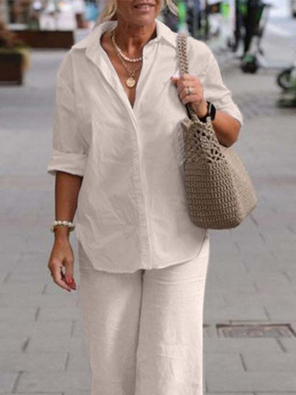 2597114125e0afea75d204ae591da9153a4f14926ca58193f5df2be37519f180 Lapel Long Sleeve Shirt Pants Wide Leg Suit