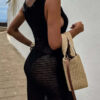 Solid Color Knitted Cutout Slit Slim Fit Maxi Dress