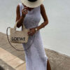 Solid Color Knitted Cutout Slit Slim Fit Maxi Dress