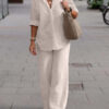 495cc55d1366513ad8cd14014010fb0663d4184d4b12973c921719dc81976a5c Lapel Long Sleeve Shirt Pants Wide Leg Suit