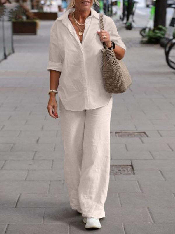 495cc55d1366513ad8cd14014010fb0663d4184d4b12973c921719dc81976a5c Lapel Long Sleeve Shirt Pants Wide Leg Suit