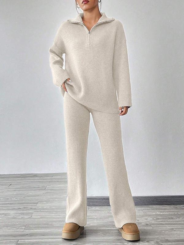 4f793ed147b73b7627b80c8364a05e41d45cc1d6f01d1645abbb02c42a106dd7 Knitted Sweater With Zipper And Knitted Pants Set With Dropped Shoulders