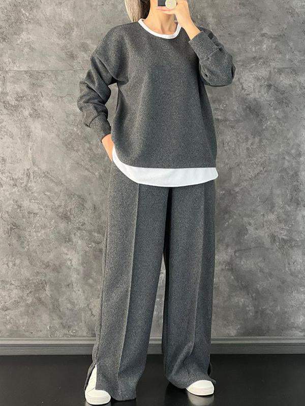 58e7123f75cedb556fb7c978b9c9f8df99fadea6d5225ea2d3ed017e429c7b8c Women's Casual Round Neck Fake Two-Piece Contrast Color Suit