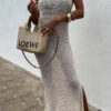 Solid Color Knitted Cutout Slit Slim Fit Maxi Dress