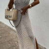 Solid Color Knitted Cutout Slit Slim Fit Maxi Dress