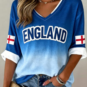 6ae425ccab17d7c98ee29bfb188a2815eafec2ec3cac7c268cc0fa504ec2f3a8 Women's England Football Match Cheer Art Print Fan V-Neck T-Shirt