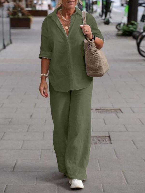6b288ef87cc246e38077e86bd235ede0adbd6840ef72d56f4d1cd3660cb00805 Lapel Long Sleeve Shirt Pants Wide Leg Suit