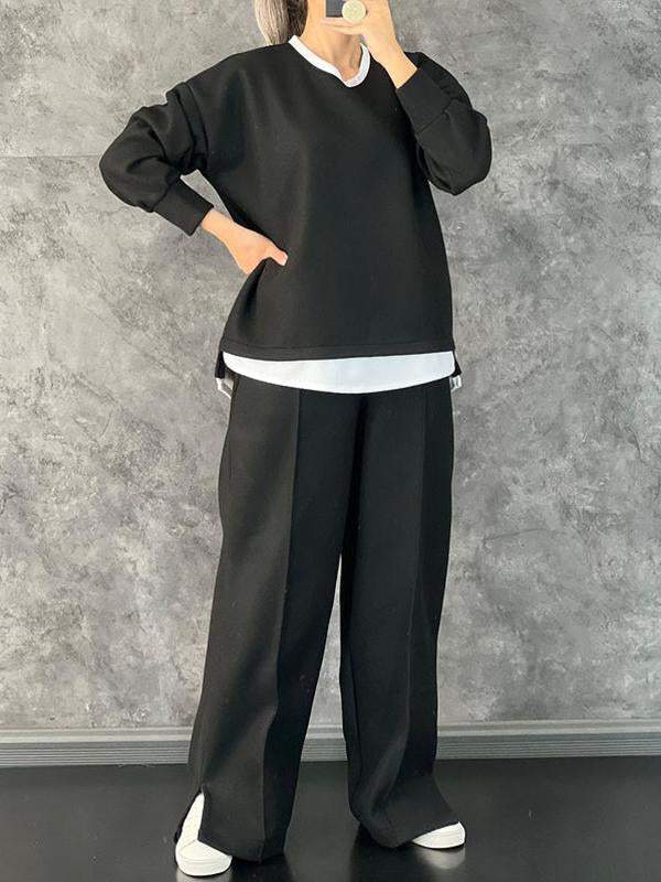 6cfecab02b925a44c54a7f96977842c41879ef8936af17cd3347033edcdb33dc Women's Casual Round Neck Fake Two-Piece Contrast Color Suit