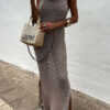 Solid Color Knitted Cutout Slit Slim Fit Maxi Dress