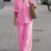 77135b0f806a46e09377b12e9891713f5b69f800290d9cada6473858cfd36c1c Lapel Long Sleeve Shirt Pants Wide Leg Suit