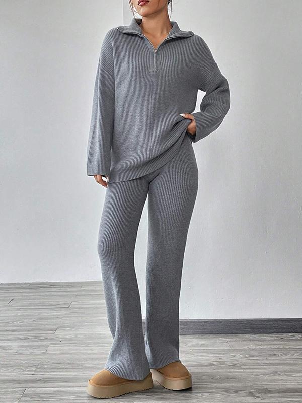 77db6239c4222d20bec99ff429ed953d4fc9d08a10c5aa684e47310ed968b537 Knitted Sweater With Zipper And Knitted Pants Set With Dropped Shoulders