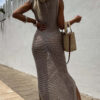 Solid Color Knitted Cutout Slit Slim Fit Maxi Dress