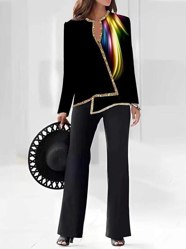 9678f60df5585cd659b8ba2c4342ece094f13afdf3d095758036cbef7daab96a 3D digital print women's V-neck asymmetrical fashion casual shirt pantsuit