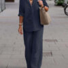 97dea707a9ce050eaeaca696a7d0ed30de305d34081eb1b8f8fed7bcd037e15b Lapel Long Sleeve Shirt Pants Wide Leg Suit