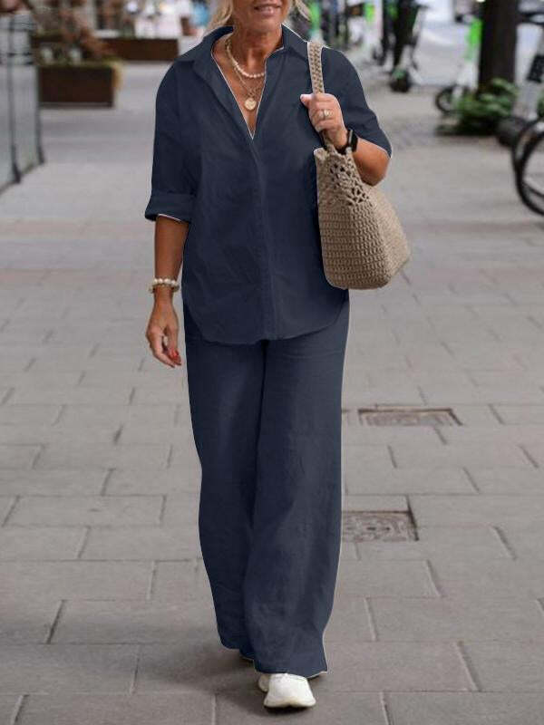 97dea707a9ce050eaeaca696a7d0ed30de305d34081eb1b8f8fed7bcd037e15b Lapel Long Sleeve Shirt Pants Wide Leg Suit