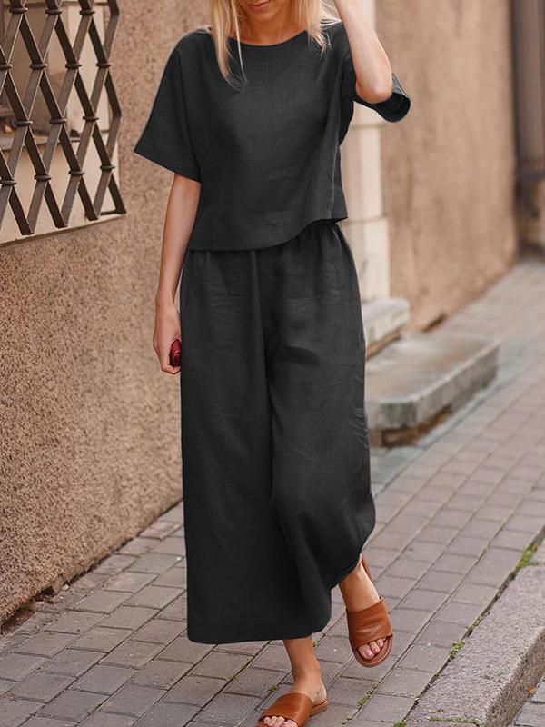 a899981a17e361c4281750cd8177b5ca82ab8bbd472f3a5bc797c6404187d78b Loose Solid Color Shirt and Trousers Two-piece Set