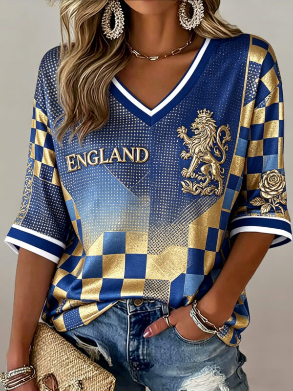 b17f2162af47a3a2aa66015a3667e371075a6c9e17713625f82c6454eeb70e7f Women's England Football Match Cheer Art Print V-Neck T-Shirt