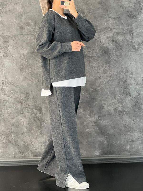 b4b0348ad7037be5c650f3098a2a63c6089d3683ae5d2a95e20851beea76de90 Women's Casual Round Neck Fake Two-Piece Contrast Color Suit