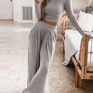 b824ce0fa2c2284eb302006eb6400f750905fbc49a03924b6f7025432852b9be Solid color knitted casual home two-piece suit for women