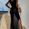 Solid Color Knitted Cutout Slit Slim Fit Maxi Dress