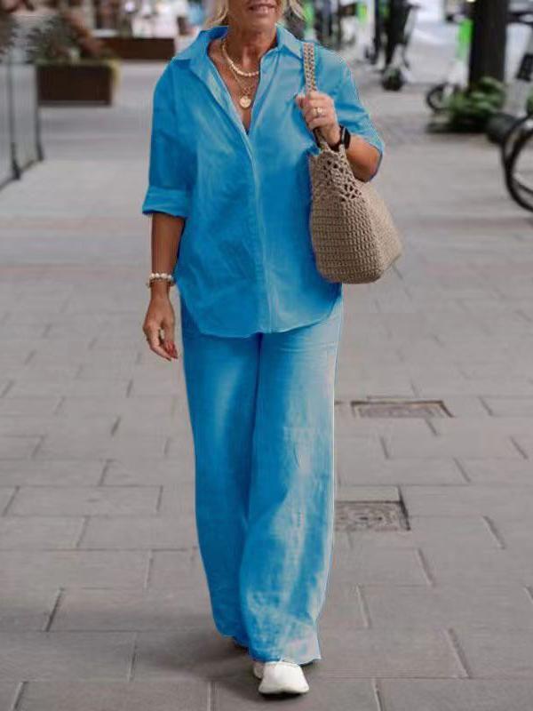c41c5bbff610f1dcc7753a2036abbc7afcf34825c8619286eb8b8630edc79c89 Lapel Long Sleeve Shirt Pants Wide Leg Suit