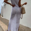 Solid Color Knitted Cutout Slit Slim Fit Maxi Dress