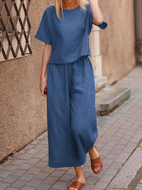 f32c45e7607304d0fae1598eef4d785555ee612a98c1d63fead235b9a9e2217c Loose Solid Color Shirt and Trousers Two-piece Set