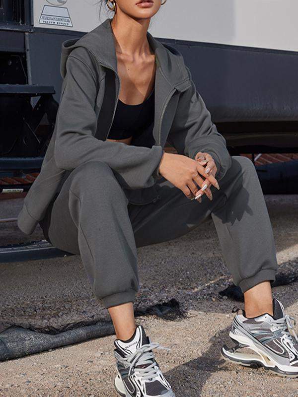 f5c60c17b17bcd9c6607aa3333773ccf6b768c4ed35d7154c2d0663a22015de1 Women's solid color hooded long-sleeved ankle set sports two-piece set