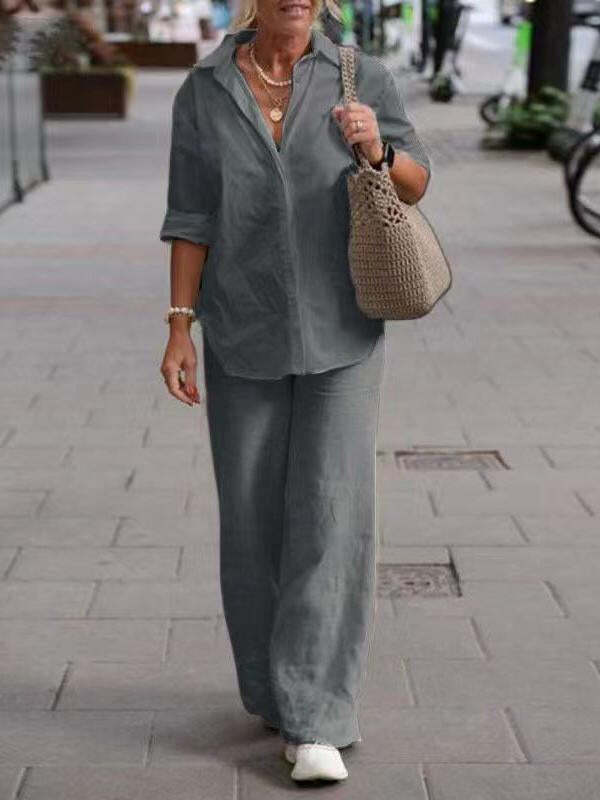 fab852235e8579aeb9cc371f3f888f352caae562e2890ebf6fd3f1ba016c07fd Lapel Long Sleeve Shirt Pants Wide Leg Suit
