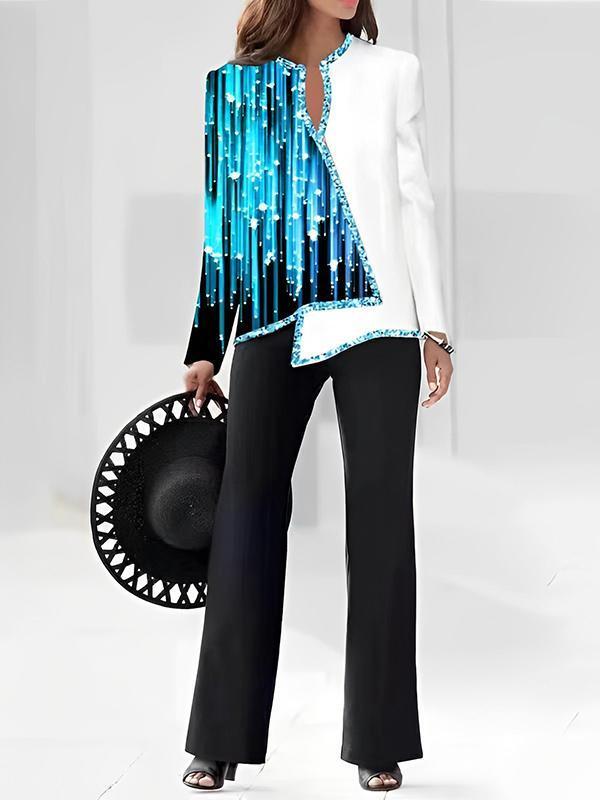 fcd84be8c74e8388c7307eee4ea944e553ad746e324a61d7d9d18856295c42f1 3D digital print women's V-neck asymmetrical fashion casual shirt pantsuit